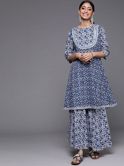 Dhiyona VA Women's Blue Floral Printed Gotta Patti Pure Cotton Kurta with Sharara