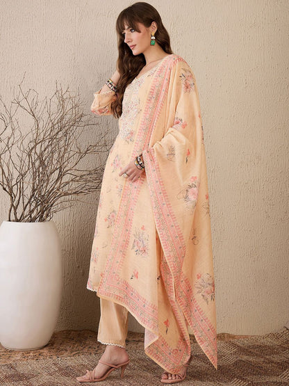 Dhiyona IE Women Floral Embroidered Regular Thread Work Linen Kurta with Trousers & With Dupatta
