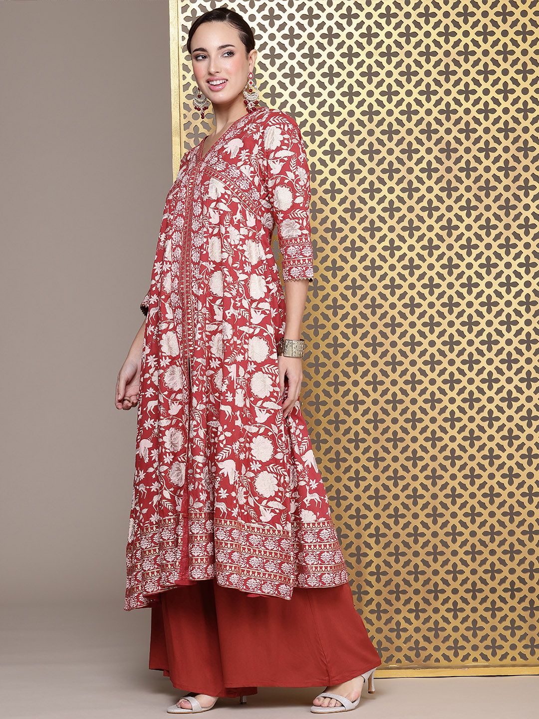 Dhiyona PD Women Jashn Ethnic Motifs Foil Printed A-Line Kurta With Palazzos & Dupatta