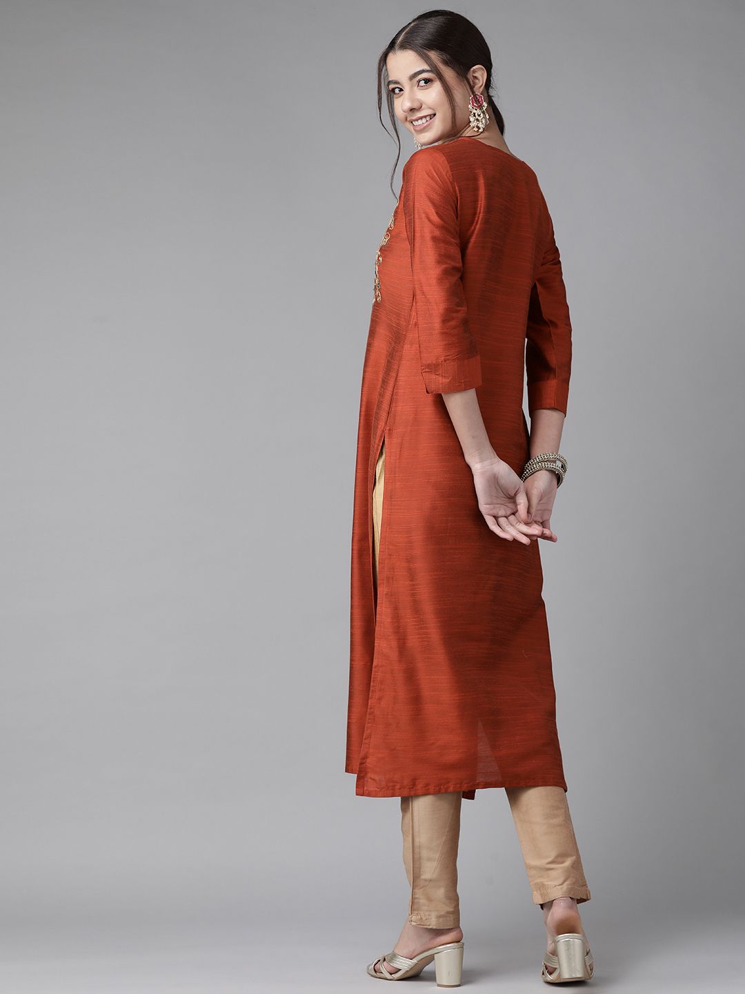 Dhiyona IE Women Orange Yoke Design Thread Work Chanderi Silk Chanderi Silk Kurta