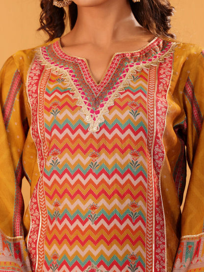 Dhiyona VA Women'sEthnic Motifs Printed Chanderi Silk Notch Neck Straight Kurta With Trousers