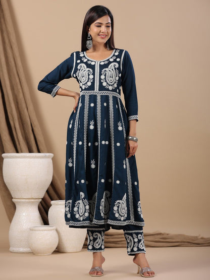 Dhiyona IS Women's Ethnic Motifs Embroidered Thread Work Anarkali Kurta With Trousers