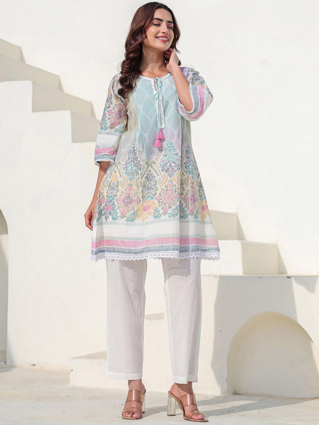Dhiyona IE Floral Printed Pure Cotton Tunic With Trousers Co-Ords