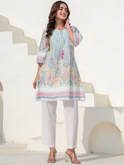 Dhiyona IE Floral Printed Pure Cotton Tunic With Trousers Co-Ords
