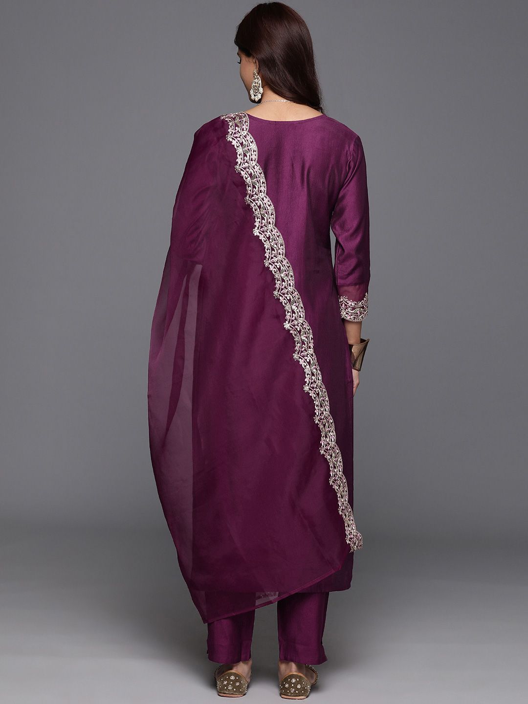 Floral Embroidered Sequinned Liva Kurta with Trousers & Dupatta