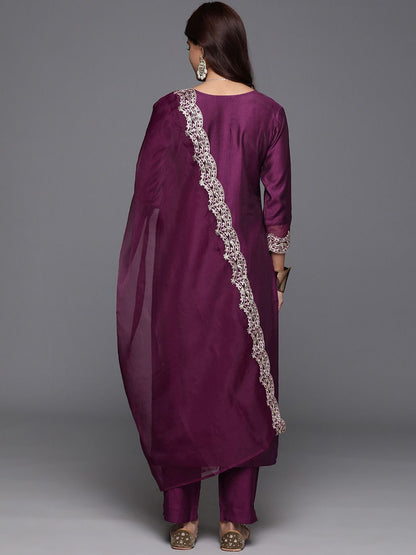 Floral Embroidered Sequinned Liva Kurta with Trousers & Dupatta