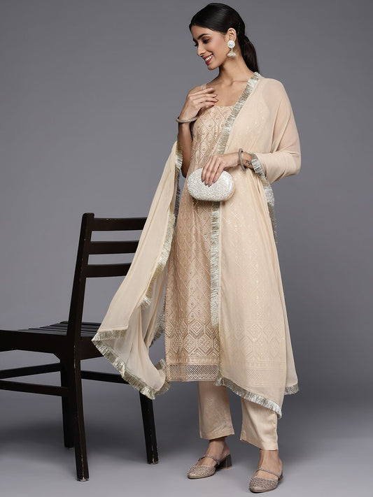 Dhiyona VA Women's Beige Sequinned Kurta with Trousers & With Dupatta