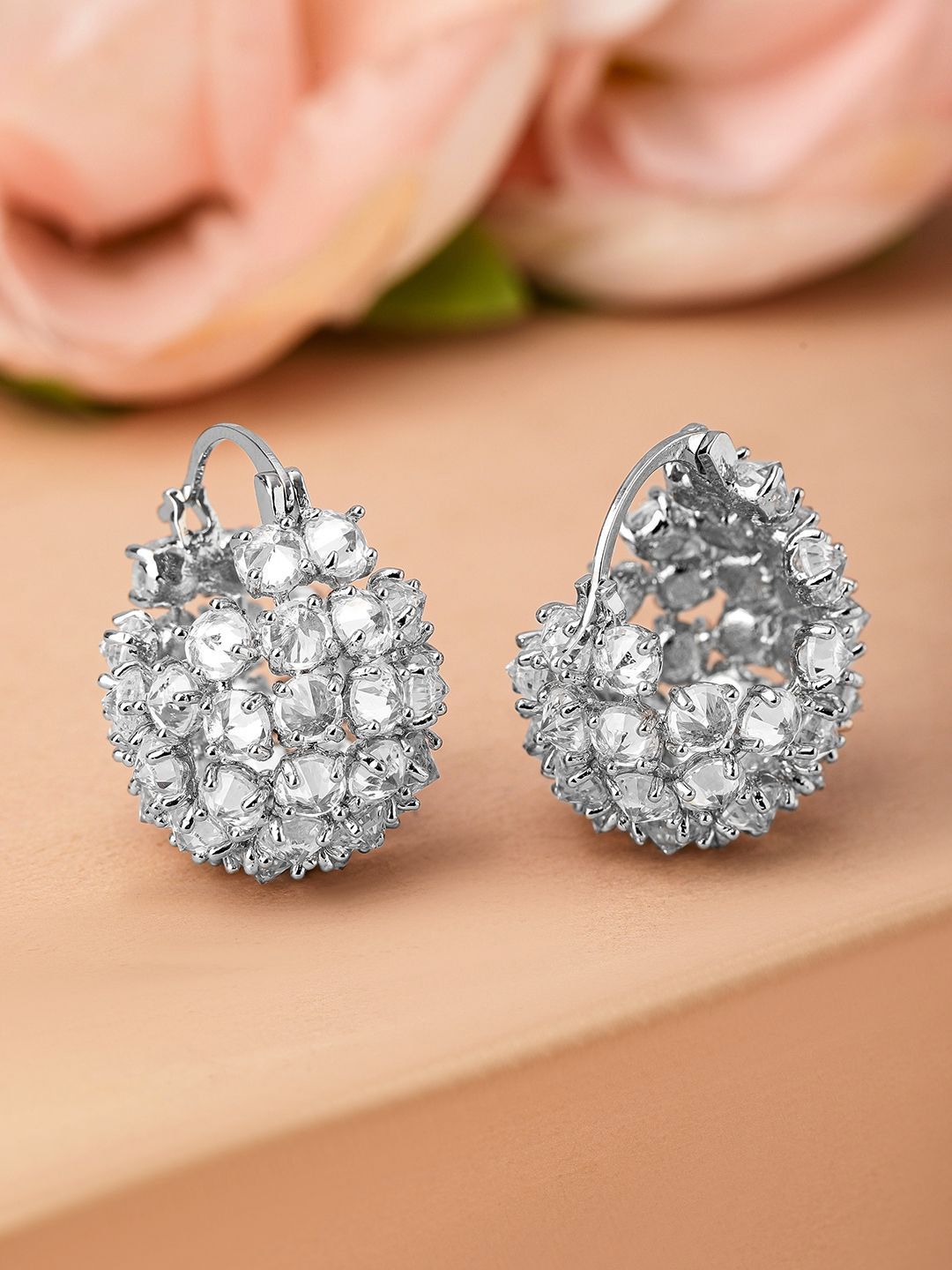Dhiyona RJ Women's Rhodium-Plated Cubic Zirconia Cluster Design Statement Hoop Earrings