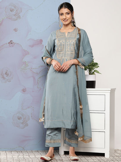 Dhiyona VA Women's Grey Ethnic Motifs Gotta Patti Kurta with Trousers & With Dupatta