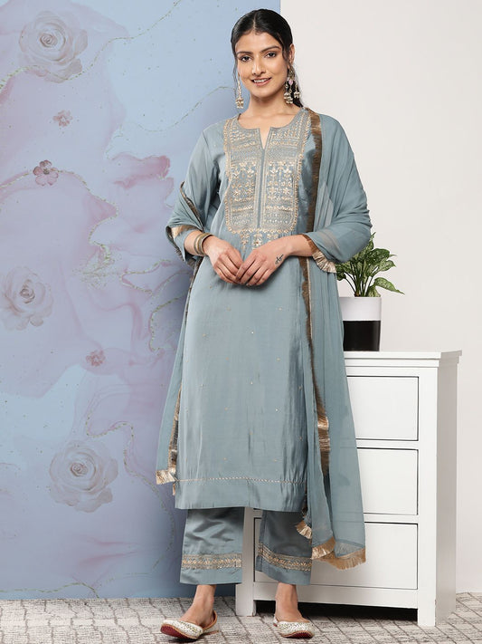 Dhiyona VA Women's Grey Ethnic Motifs Gotta Patti Kurta with Trousers & With Dupatta