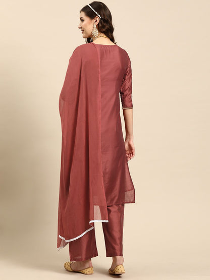 Dhiyona SN Women's Ethnic Motifs Printed Sequinned Chanderi Cotton Kurta with Palazzos & Dupatta