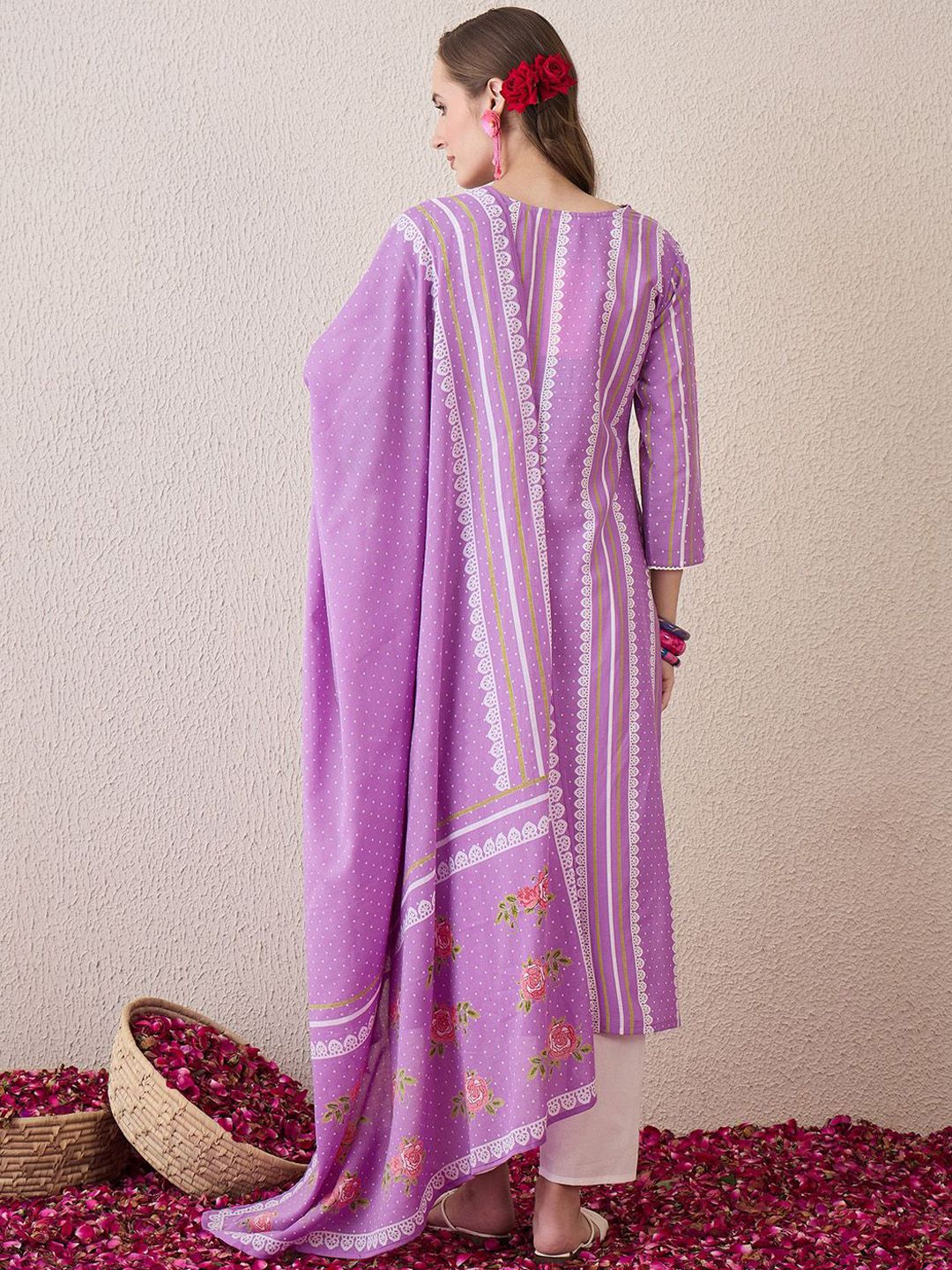 Floral Printed Sequinned Pure Cotton Straight Kurta With Trouser And Dupatta