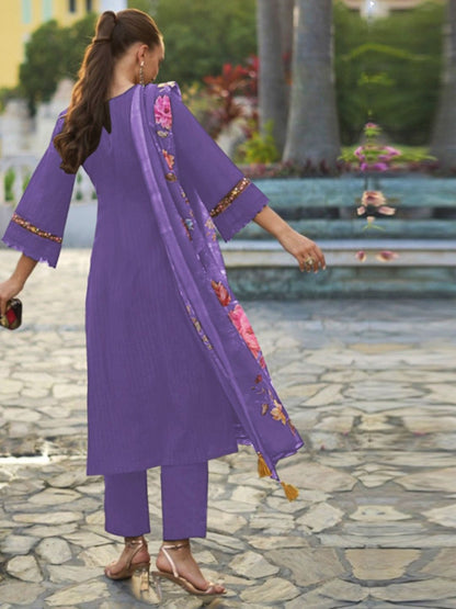 Dhiyona IE Floral Embroidered Regular Thread Work Pure Cotton Kurta With Trousers & Dupatta
