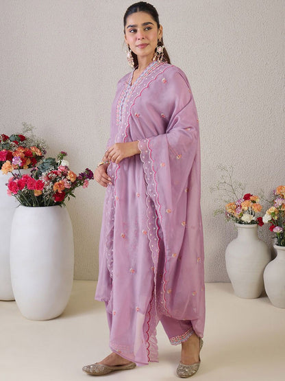 Floral Embroidered V Neck Organza Kurta With Trousers & Dupatta