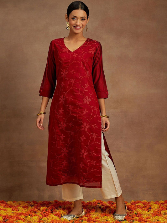 Dhiyona LB Women's Women Red Floral Thread Work Chanderi Silk Kurta