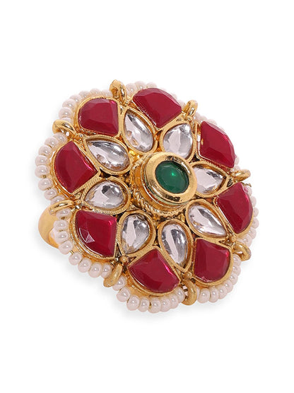 Dhiyona RJ Women's Women 22K Gold-Plated Kundan-Studded & Pearls Beaded Adjustable Finger Ring
