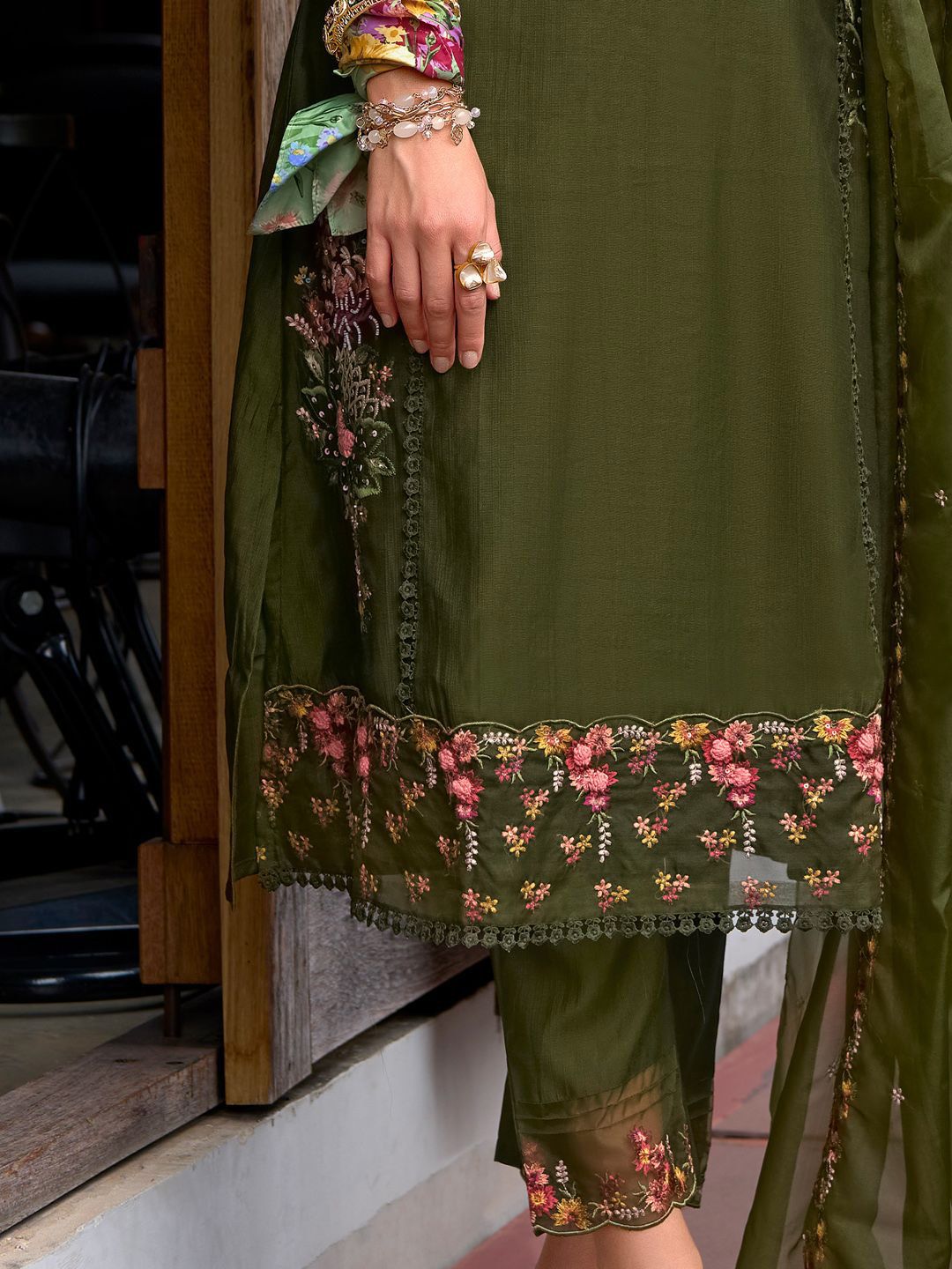 Floral Embroidered V Neck Panelled A Line Kurta With Trousers & Dupatta