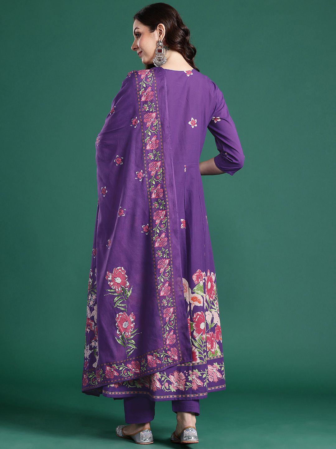 Dhiyona IE Floral Printed Mirror Work Pure Cotton Kurta With Trousers & Dupatta