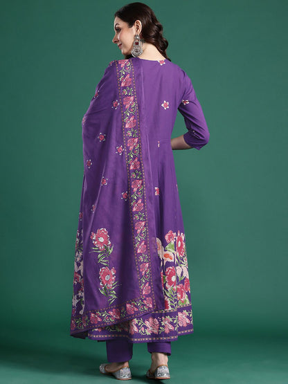 Dhiyona IE Floral Printed Mirror Work Pure Cotton Kurta With Trousers & Dupatta