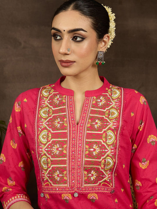Dhiyona IE Women Ethnic Motifs Printed Thread Work Pure Cotton Kurta Trousers