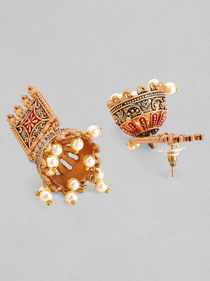 Dhiyona RJ Women's 22K Gold-Plated Red Enamel Handcrafted Dome Shape Jhumkas with Pearl Drops