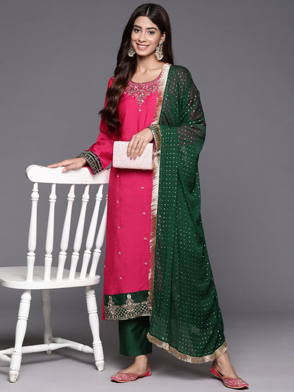 Dhiyona VA Women'sEthnic Motifs Embroidered Straight Kurta & Trousers With Dupatta