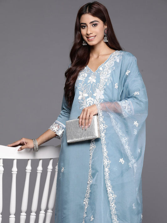 Dhiyona IE Women Floral Embroidered Regular Thread Work Kurta with Trousers & With Dupatta