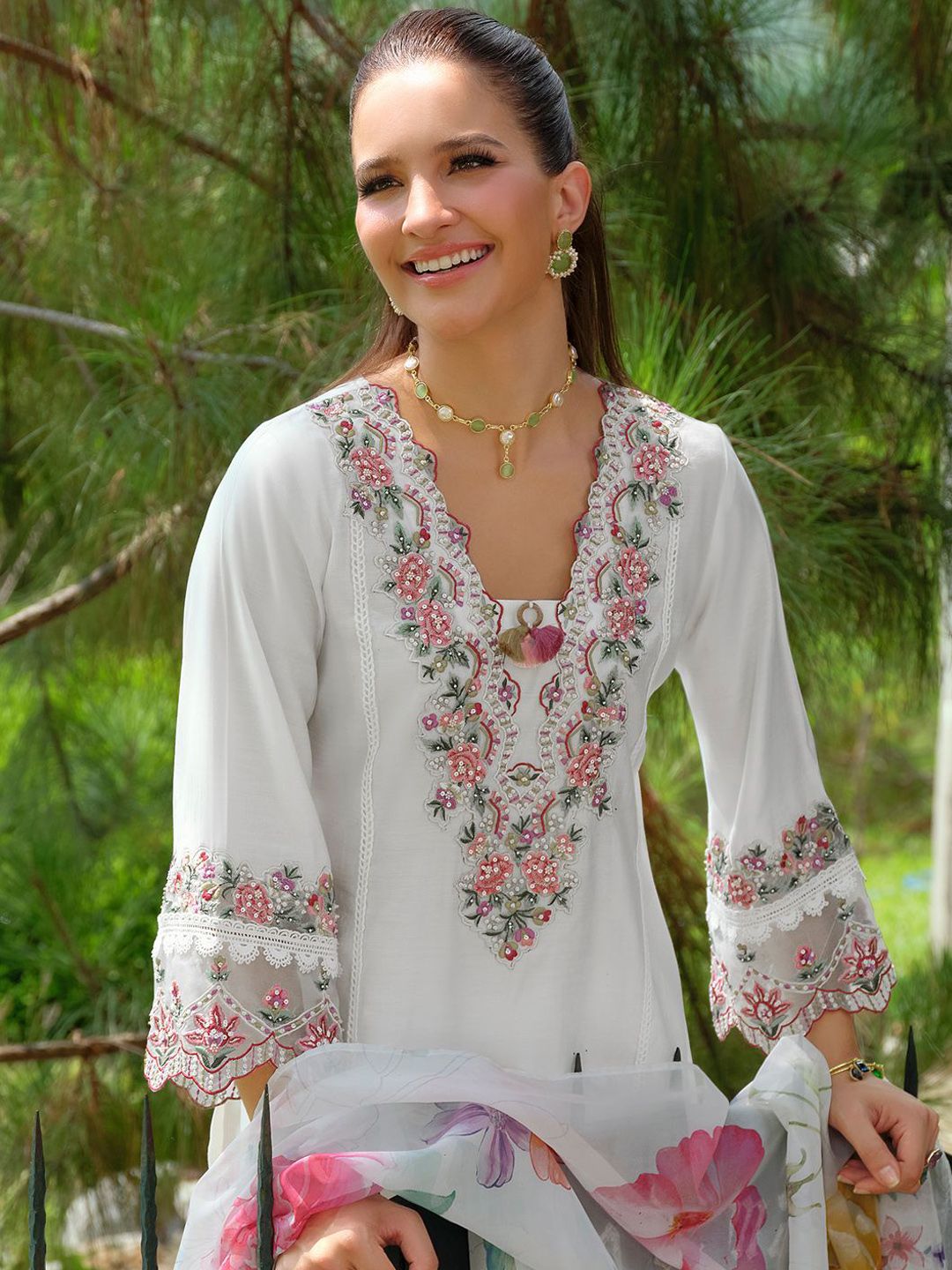 Floral Yoke Design Square Neck Thread Work A-Line Kurta With Trousers & Dupatta