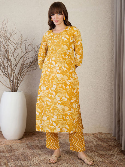 Dhiyona IE Floral Printed Thread Work Straight Kurta With Trouser & Dupatta
