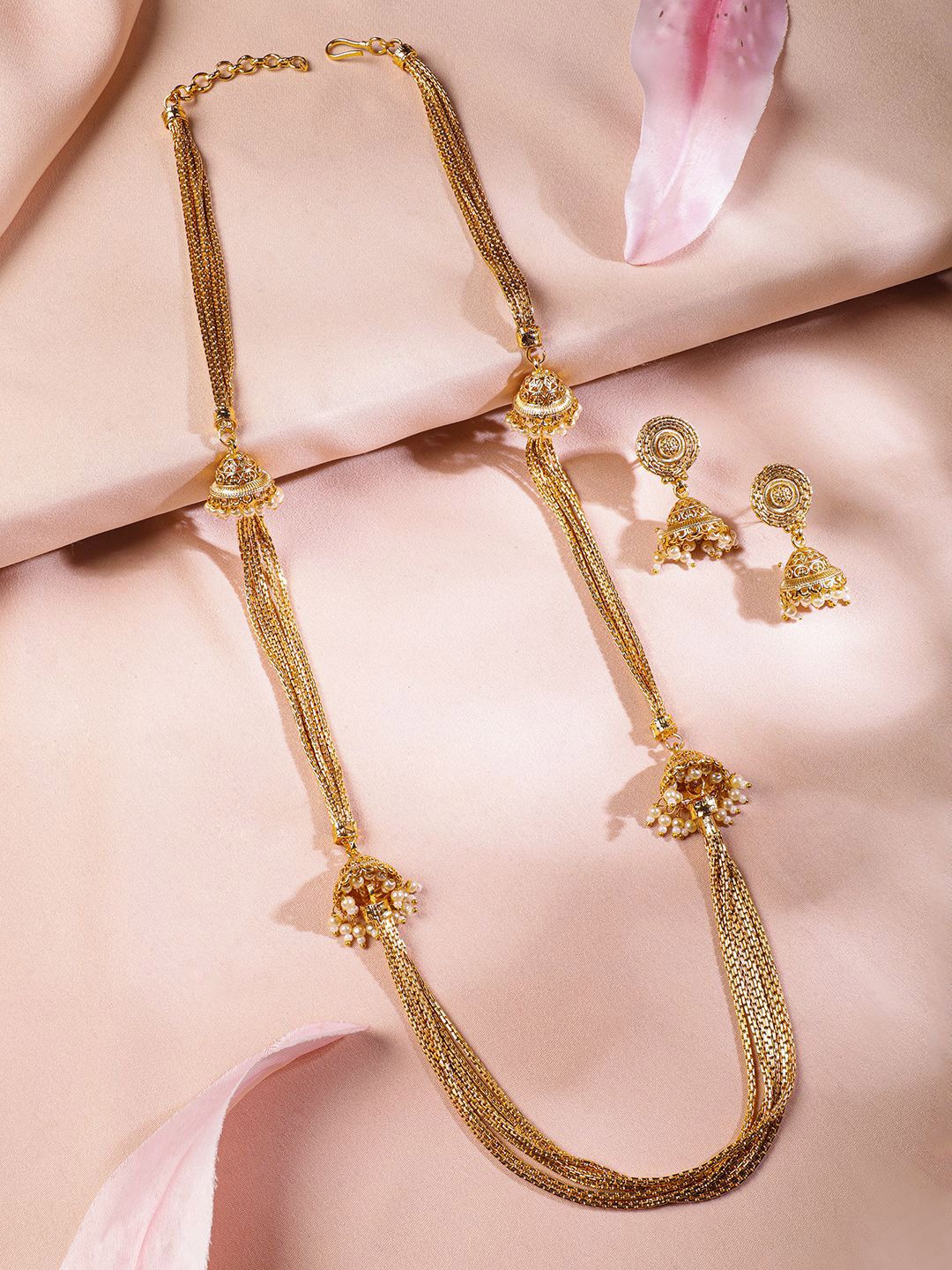 Dhiyona RJ Women's 22K Gold-Plated Multi-Strand Traditional Necklace Set with Jhumka Accents