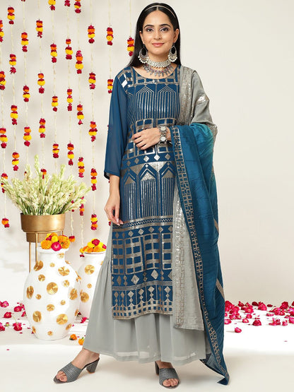 Dhiyona VA Women'sEthnic motifs Embroidered Sequinned Straight Kurta & Sharara With Dupatta