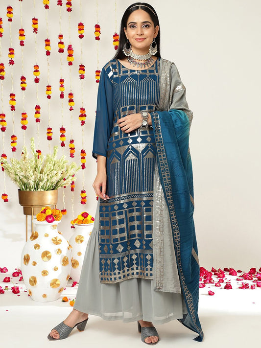 Dhiyona VA Women'sEthnic motifs Embroidered Sequinned Straight Kurta & Sharara With Dupatta