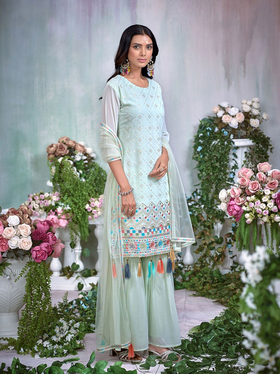 Dhiyona CH Floral Embroidered Sequinned Georgette Straight Kurta With Sharara & Dupatta