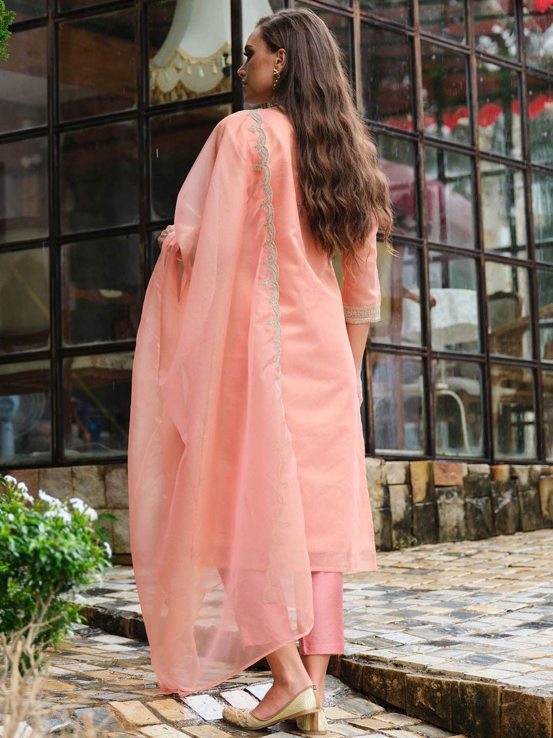 Dhiyona IE Floral Yoke Design Notch Neck Straight Kurta With Trousers & Dupatta