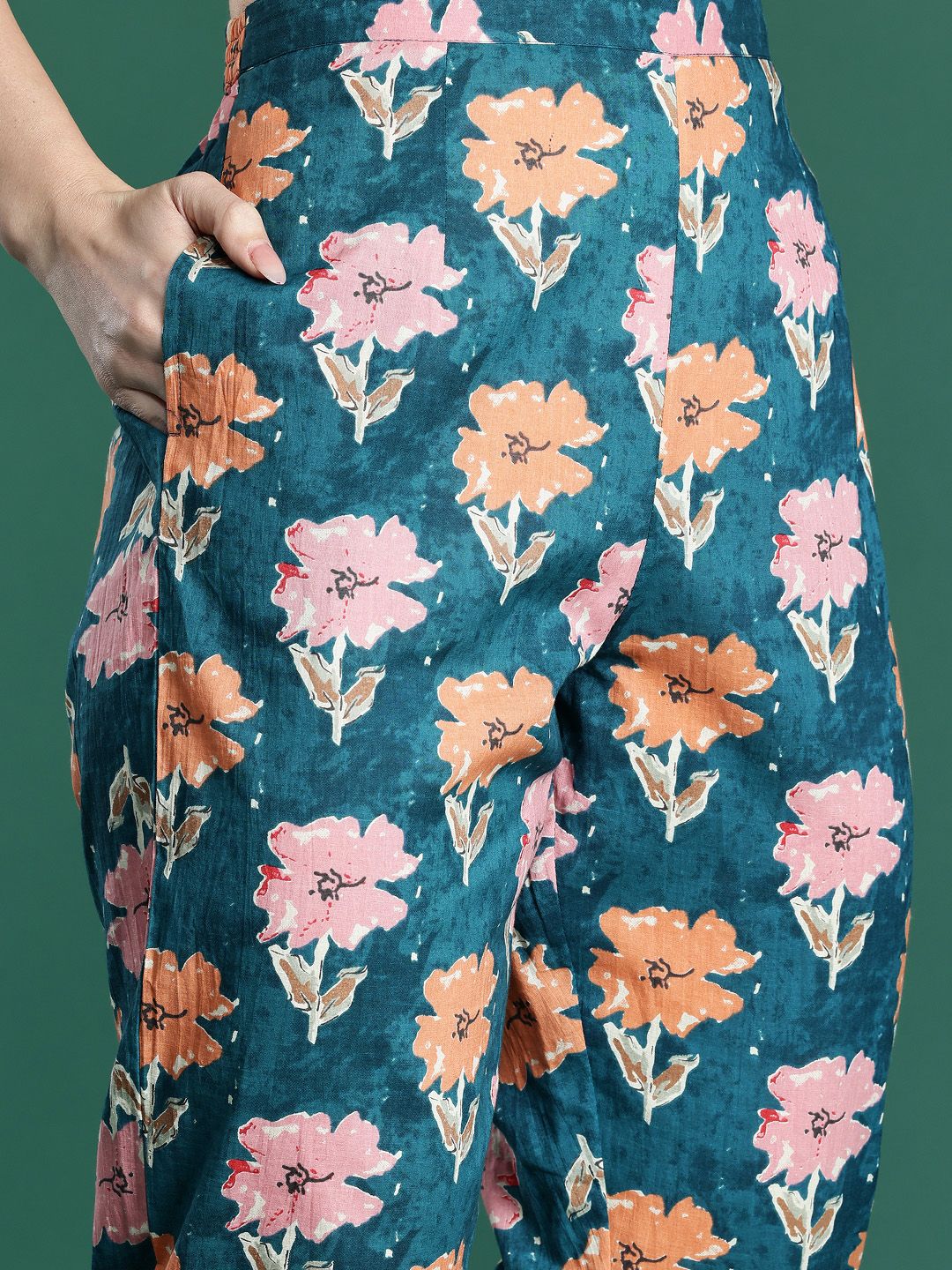 Floral Printed Pleated Pure Cotton Kurta with Trousers