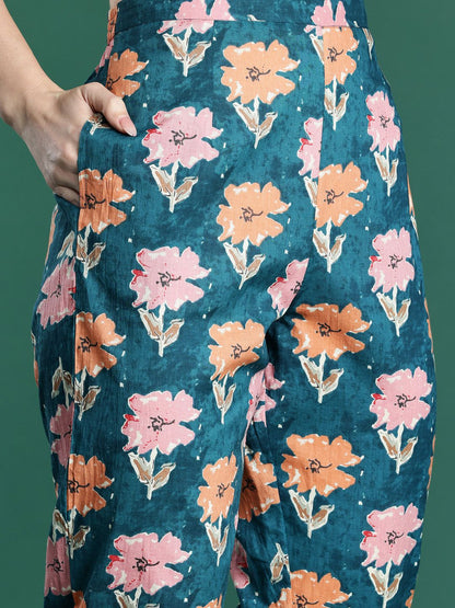 Floral Printed Pleated Pure Cotton Kurta with Trousers