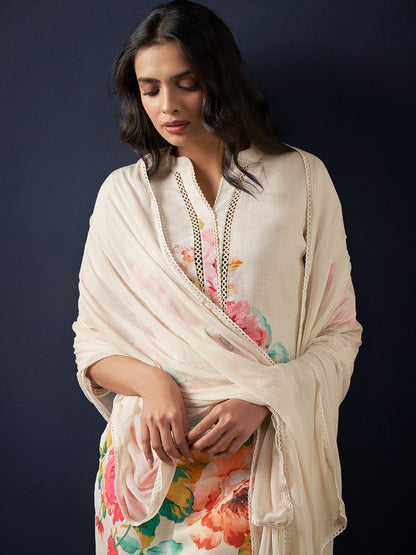 Floral Printed Beads and Stones Linen Straight Kurta with Trousers & Dupatta