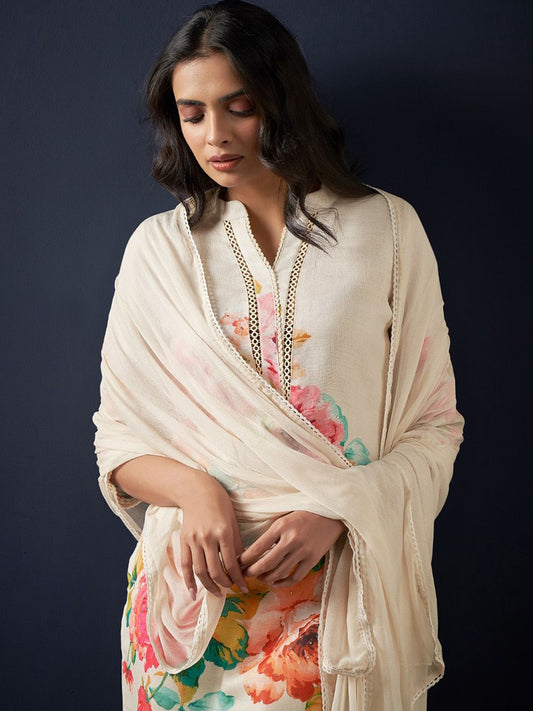 Floral Printed Beads and Stones Linen Straight Kurta with Trousers & Dupatta