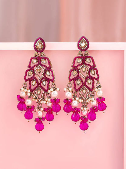 Dhiyona RJ Women's 22K Gold Plated Pink Stone & Kundan Studded Chandelier with Pearl & Bead Accents