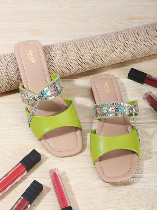 Dhiyona AK Green & Silver-Toned Embroidered Open Toe Flats