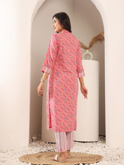 Dhiyona VA Women'sBandhani Printed Mandarin Collar Straight Kurta With Trouser