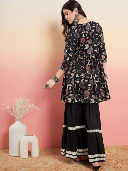 Dhiyona SN Women's Floral Printed Pure Cotton Anarkali Kurti With Sharara