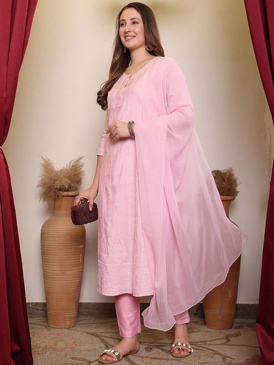 Dhiyona PD Women Chikankari Embroidered Straight Kurta With Trouser & Dupatta
