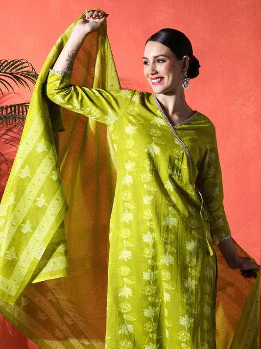 Dhiyona SN Women's Floral Printed Angrakha V-Neck Pure Cotton Straight Kurta & Trousers With Dupatta