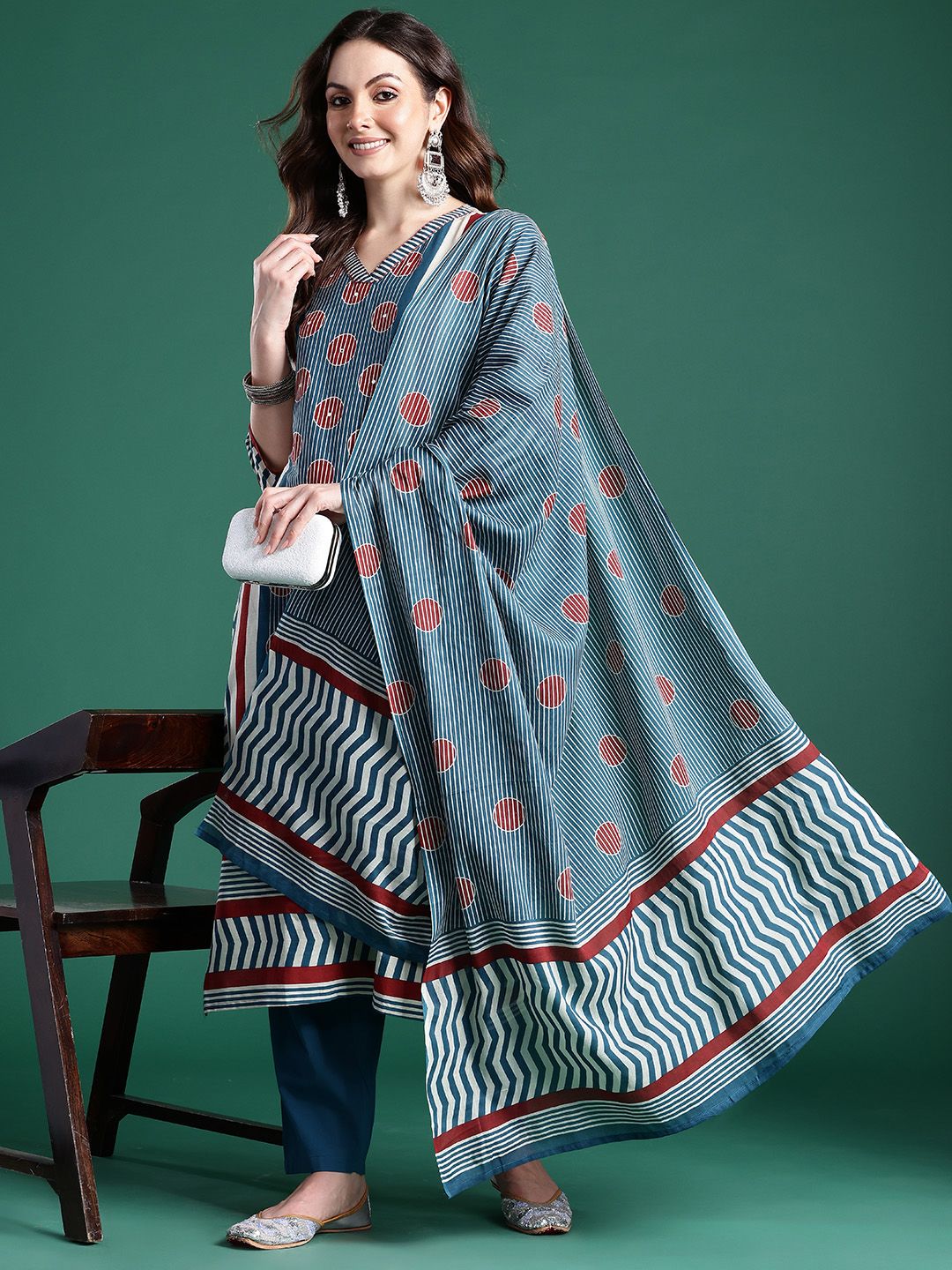 Striped Pure Cotton Kurta With Trousers & Dupatta
