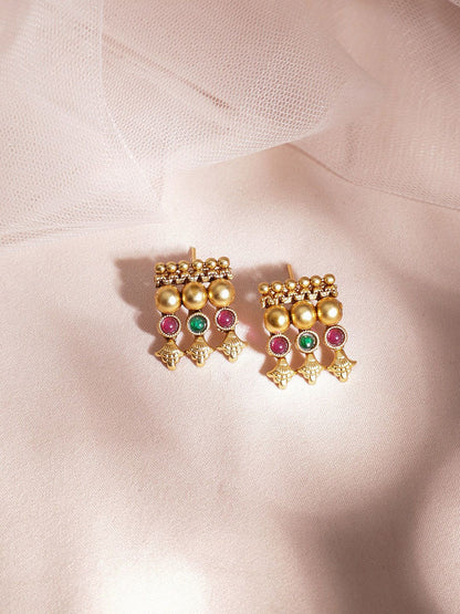 Dhiyona RJ Women's 22KT Gold Plated Brass Red & Green Stone Studded Necklace Set