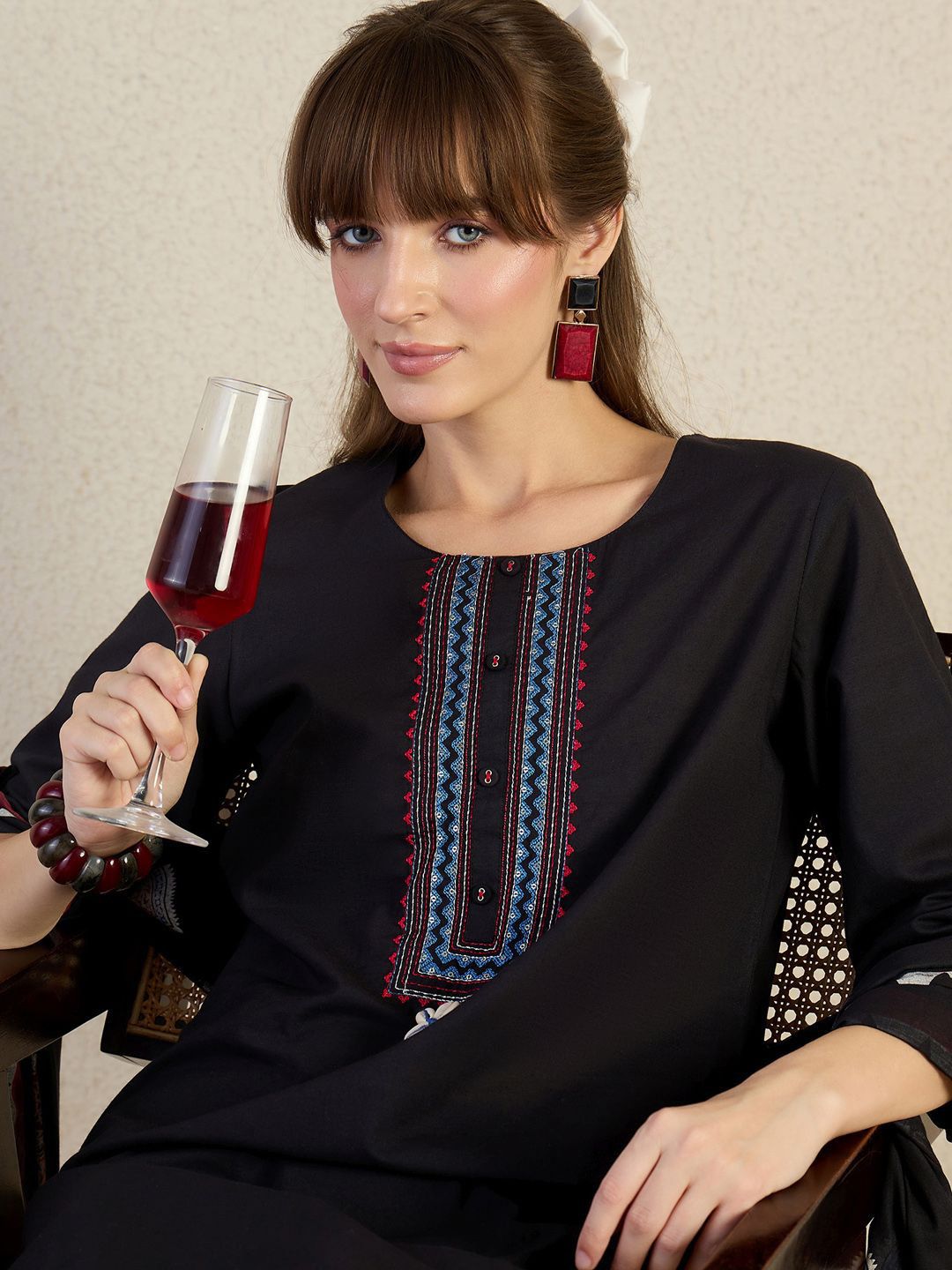 Women Yoke Design Embroidered Cotton Kurta with Trousers & Dupatta