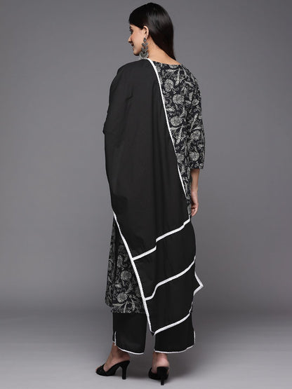 Women Black Floral Printed Kurta with Trousers & With Dupatta