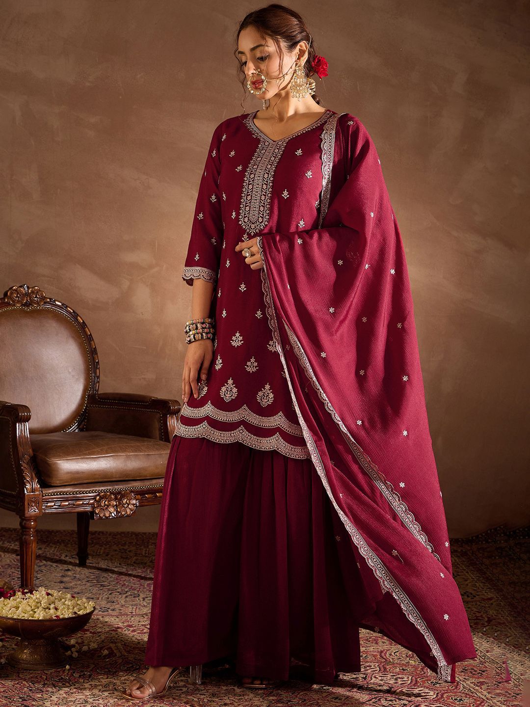Dhiyona IE Ethnic Motifs Embroidered Sequinned Straight Kurta With Sharara And Dupatta