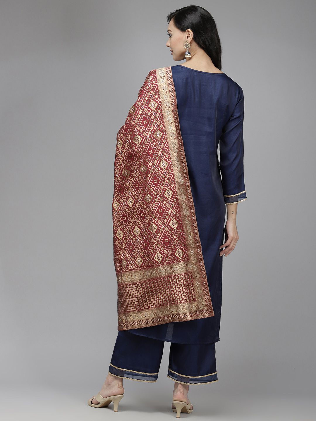 Women Navy Blue Yoke Embroidered Kurta with Palazzos & Dupatta